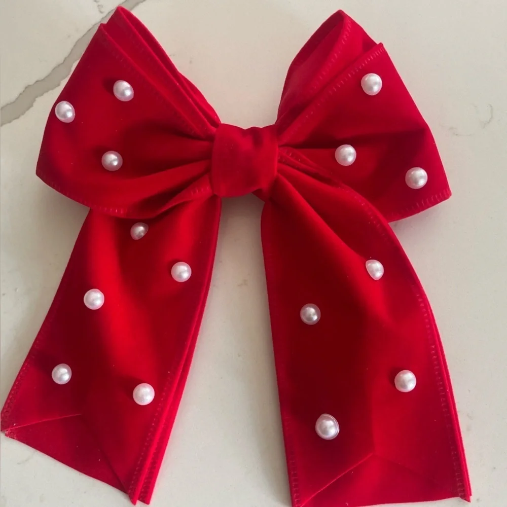 New Elegant Red velvet Bow with Pearls for Kids clip on formal holiday events